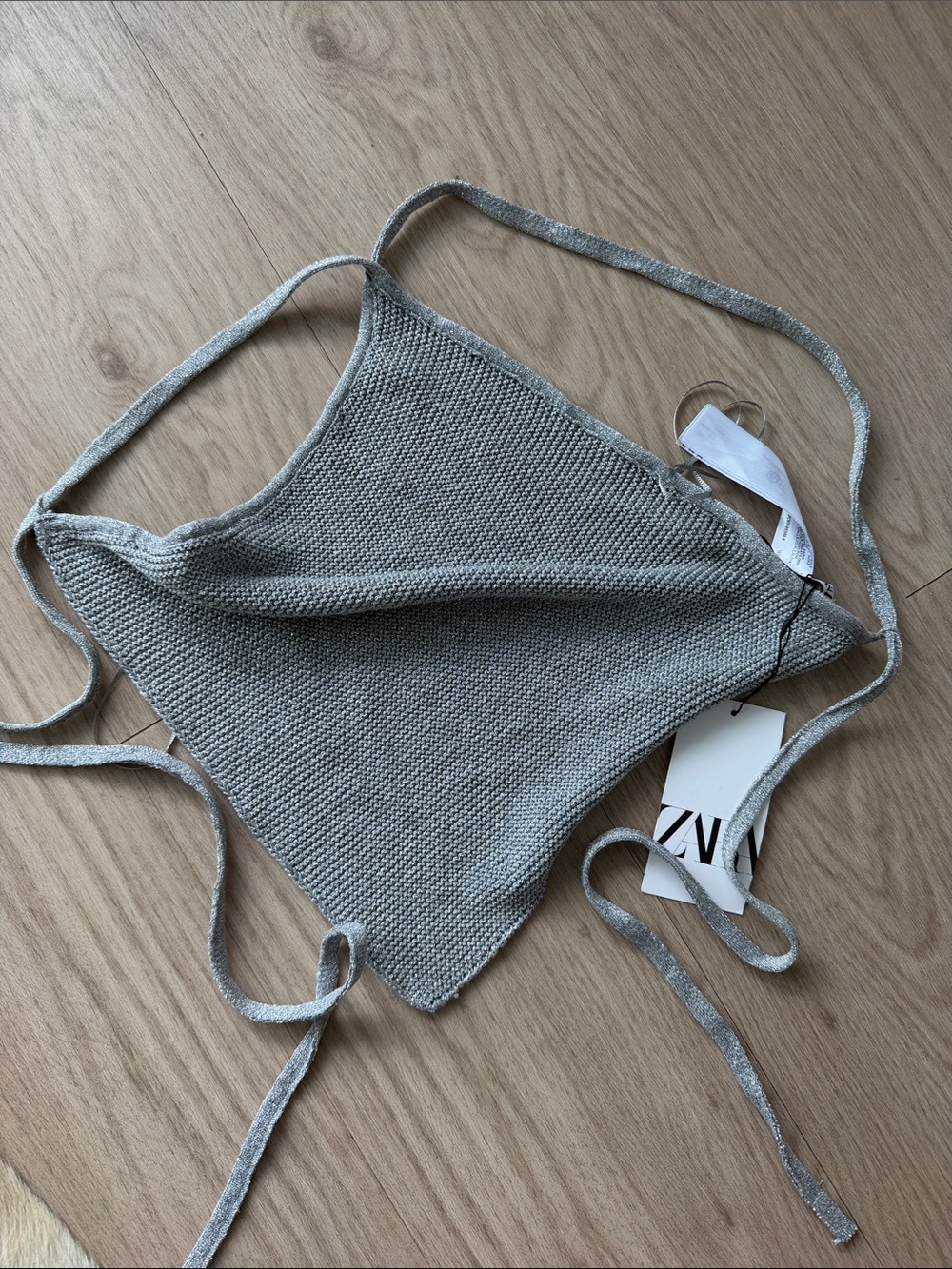 Zara Shimmery Silver Knit Tie Halter Top